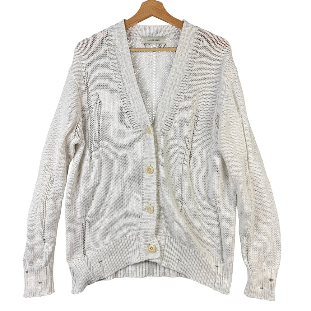 Sayaka Davis White Cotton Distressed Open Knit V-Neck Cardigan SKT63-RC XS